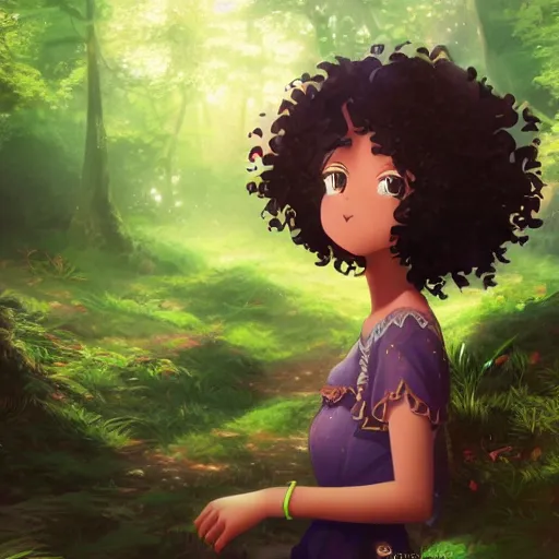 Image similar to A brown girl with black curly hair in a colorful forest, anime, highly detailed, artstation, 8k,