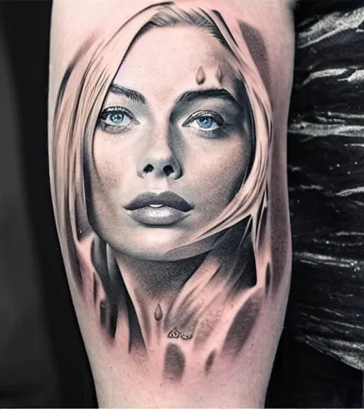 Image similar to mash up tattoo sketch of margot robbie in the shape of beautiful mountains, double exposure effect, in the style of arlo dicristina, hyper realism, amazing detail, sharp
