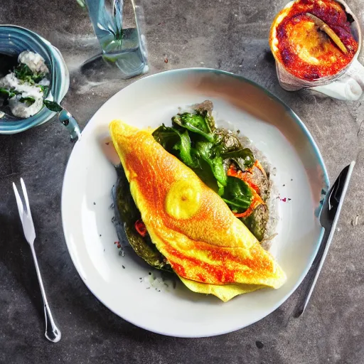 Prompt: photo of an omelette, cyberpunk food photography