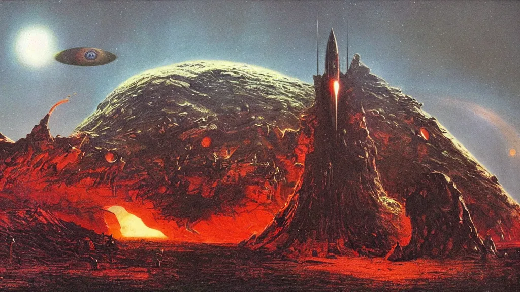 Prompt: eerie atmospheric alien planet with a landed organic rocketship by jack gaughan and bob eggleton and chris moore, epic cinematic matte painting