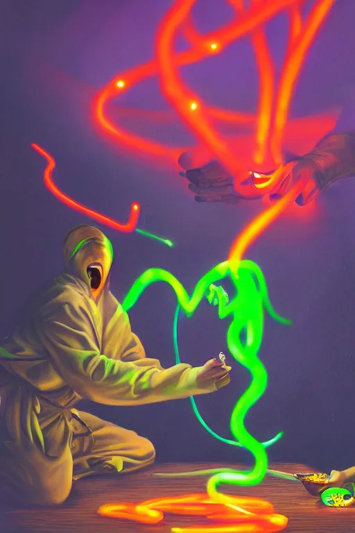 Prompt: a hyperrealistic portrait of two ninjas opening a can of glowing worms and drinking fluorescent liquid , 8k