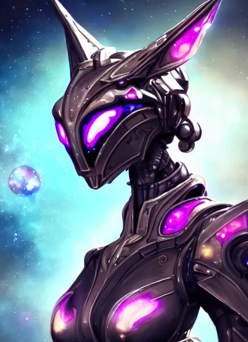 Image similar to detailed cinematic shot, cosmic sized perfectly proportioned stunning beautiful hot female warframe, detailed robot mecha female dragon head, metal ears led eyes, silver armor, fuschia leds, floating in empty space, nebula sized, holding a planet, epic proportions, epic size, epic scale, furry art, dragon art, giantess art, warframe fanart, furaffinity, deviantart