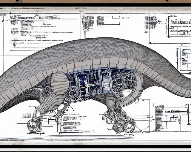 Image similar to a full page of a mechanical blueprint showing a cutaway design for a mechanized brontosaurus from howl's moving castle ( 2 0 0 4 ), with people inside piloting it, muted colors, post grunge, studio ghibli, hq,