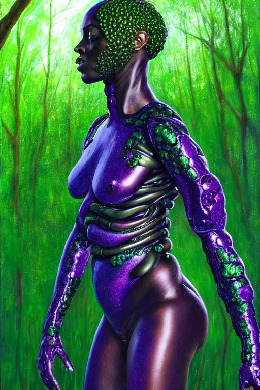 Image similar to hyperrealistic post - raphaelite super expressive! black woman with exoskeleton armor, merging with tree in a forest, highly detailed digital art masterpiece smooth cam de leon eric zener dramatic pearlescent soft green purple light ground angle hd 8 k sharp focus