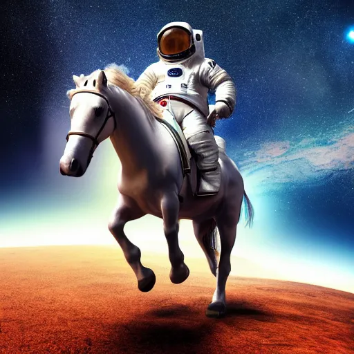 Image similar to horse wearing a space suit floating in outer space, highly detailed, stars in the background, nasa picture, 4 k, octane render, highly realistic photograph