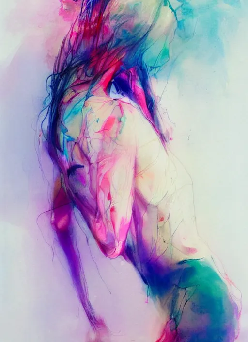 Image similar to gorgeous woman in short by agnes cecile, view from back, bent - over posture, half body portrait, extremely luminous bright design, pastel colours, ink drips, autumn lights