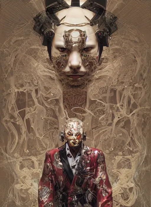 Image similar to portrait of a seductive cyborg yakuza with weapons, imari, modern fine art, fractal, in the style of ghosts in the machine, intricate ornaments, elegant, highly detailed, digital photography, subsurface scattering, by mc escher and greg rutkowski,