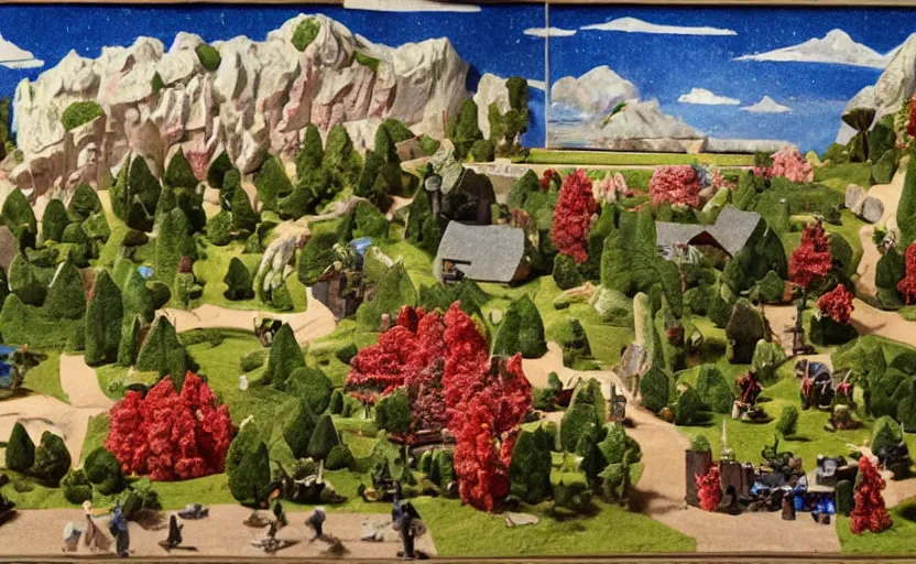 Prompt: a landscape painting,, claymation, henri berthaut, ( ( colored pen ) ), art - deco, miner kilbourne kellogg, gardens, ( collage )