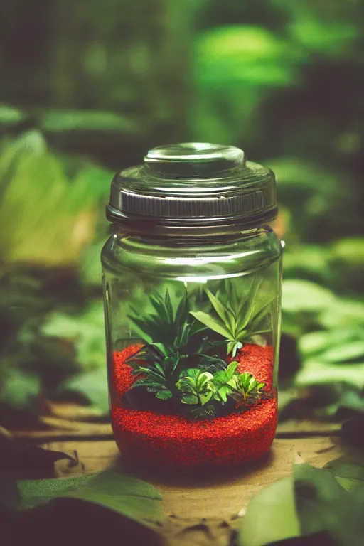 Prompt: agfa vista 4 0 0 photograph of vibrant green jungle inside a jar, moody lighting, moody vibe, telephoto, 9 0 s vibe, grain, tranquil, calm, faded!,