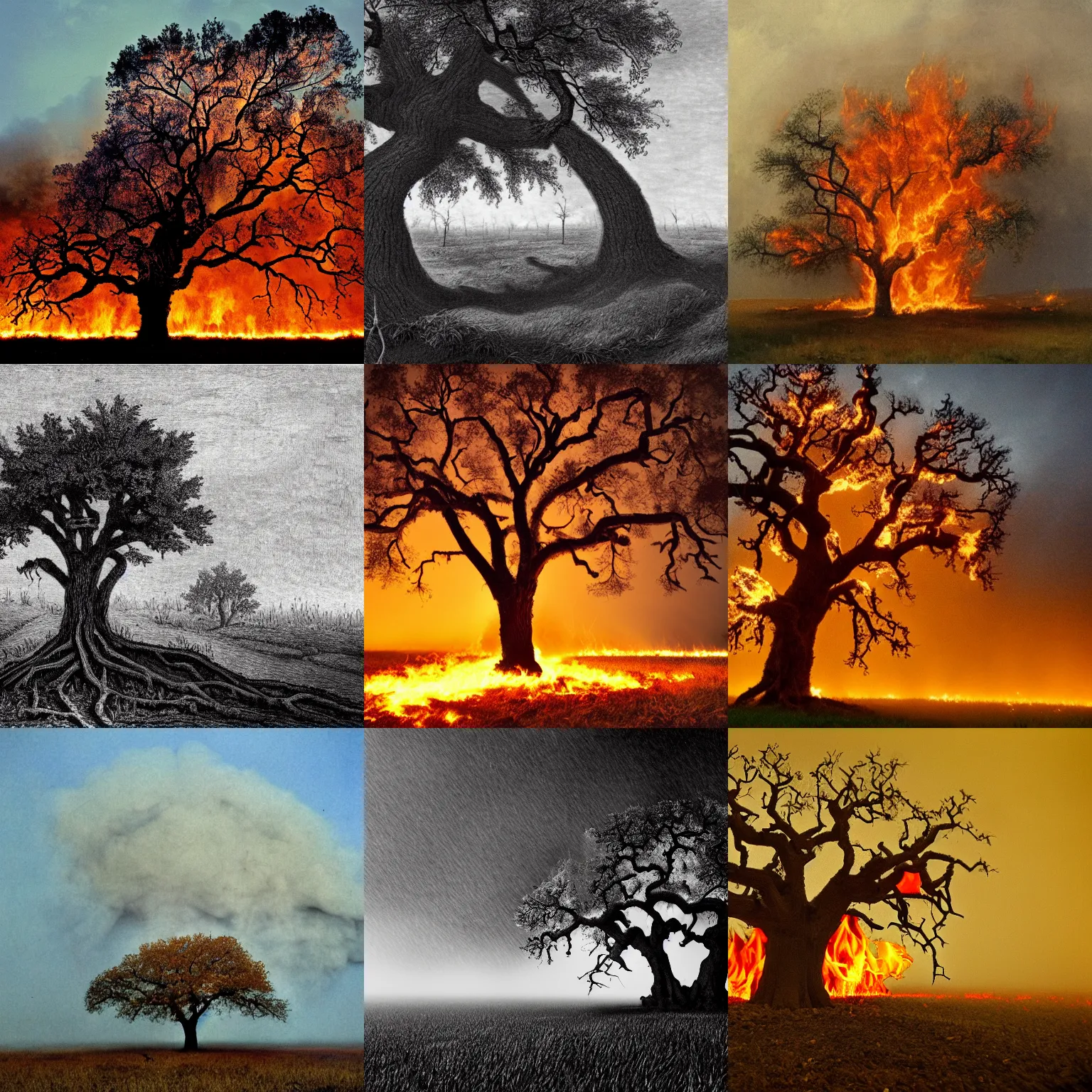 Prompt: an oak tree in an open field aflame, hellish images, hellfire, still, fog in background, dantes inferno