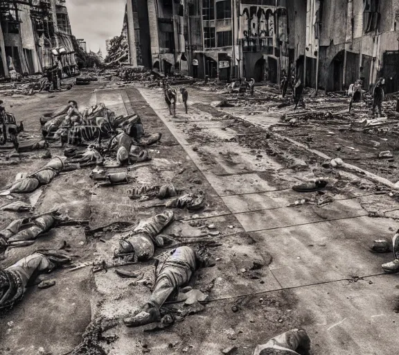 Prompt: a cement pavement with many people laying dead in an urban apocalyptic setting, photograph, HD, cinematic