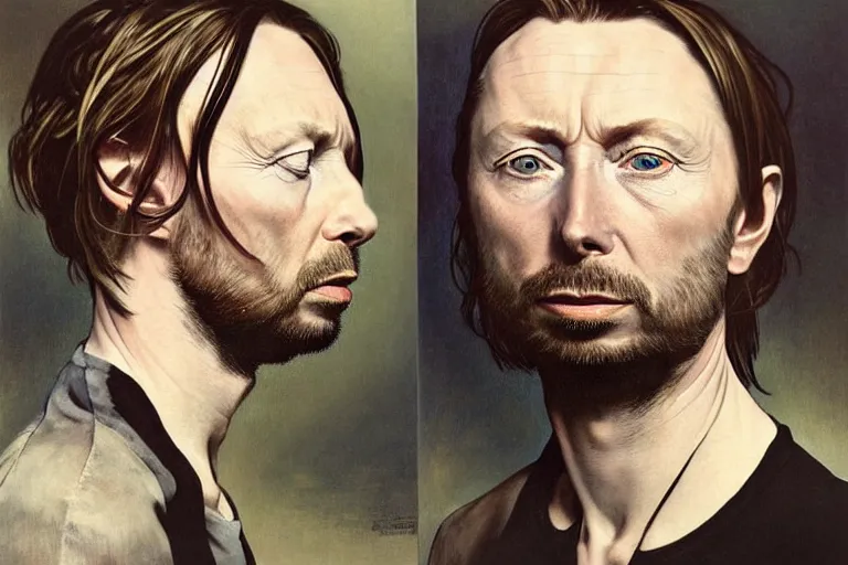 Prompt: hyper realistic portrait of thom yorke mixed with tilda swildon, bigger forehead, bigger chin, from the side, by lee bermejo, alphonse mucha and greg rutkowski