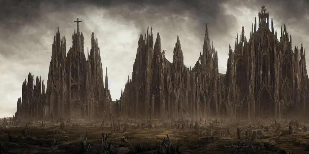 Image similar to a cathedral of flesh and stone dedicated to the god of pain, epic matte painting