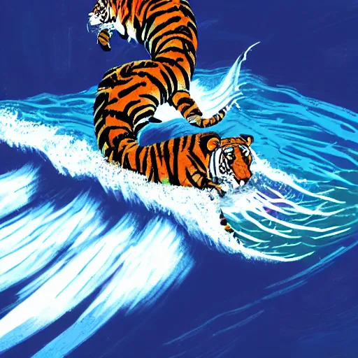 Prompt: cybernetic tiger surfing on a huge wave