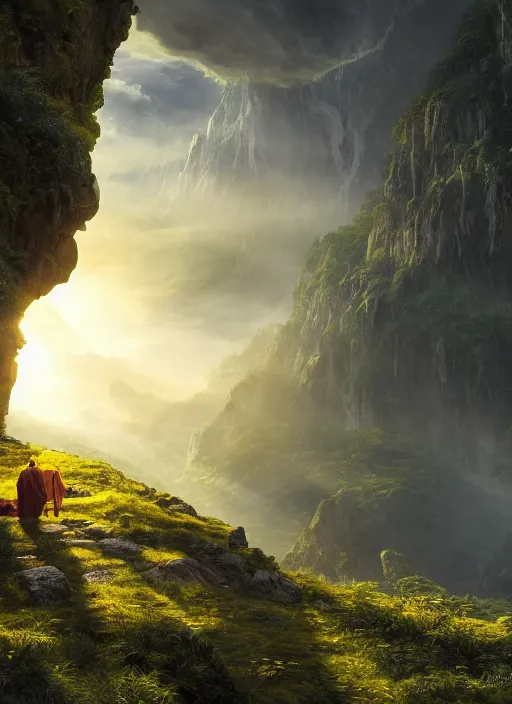 Image similar to a cosmic monk in lord of the rings scenery landscape, looking out at a lush valley, futuristic alien spacecraft in the sky, sunrise, god's rays, highly detailed, vivid color, cinematic lighting, perfect composition, 8 k, gustave dore, derek zabrocki, greg rutkowski, belsinski, octane render