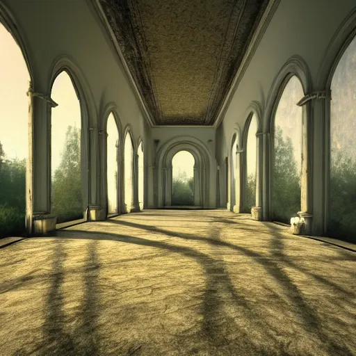 Prompt: time has ended before it even started, luxurious abandoned palace, realistic ground, realistic shadows, illuminated by godrays, reflections, 8 k