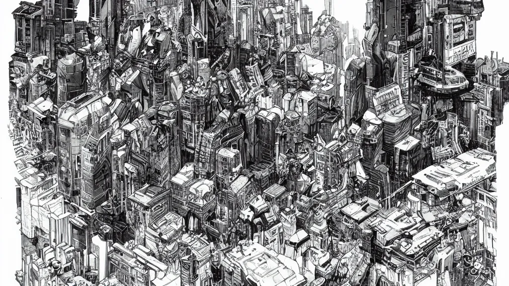 Prompt: a war in cyberpunk city, a clean line drawing, sketching, art by kim jung gi, karl kopinski,