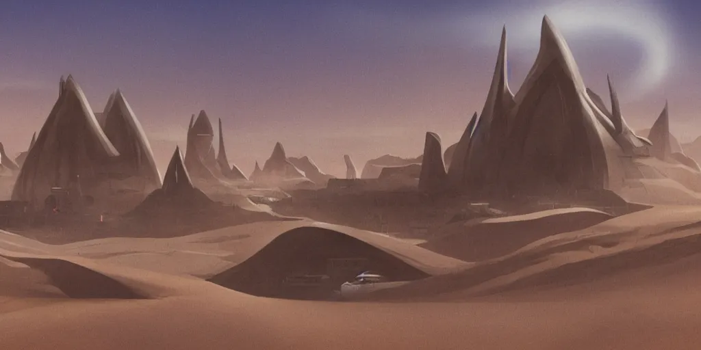 Image similar to dune city and temples of arrakis, arrakeen, arab ar architectural and brutalism and gigantism, from frank herbert novels, composition idea concept art for movies, style of denis villeneuve and greg fraiser