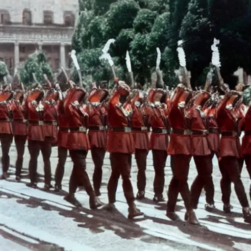 Image similar to ancient greek amphora of stalin saluting in front of a military parade