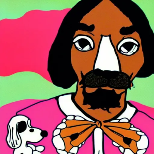 Image similar to the face of snoop dogg famous rapper professional photo on the body of the beagle snoopy from charles schultz'peanuts