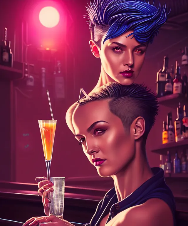 Prompt: a young sophisticated beautiful barmaid, cozy retrofuturistic cyberpunk dive bar, drinking at the bar, dystopian futuristic cyberpunk vibe, relaxed pose, pixie cut with shaved side hair, wild, highly detailed, digital painting, artstation, sharp focus, illustration, detailed digital art style by Tim Hildebrandt + perfect facial symmetry + dim volumetric lighting, vibrant deep colors, 🍸, 8k octane beautifully detailed render, post-processing, extremely hyperdetailed, epic composition, grim yet sparkling atmosphere, cinematic lighting + masterpiece, Art Nouveau