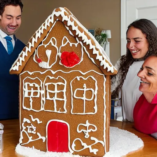 Image similar to real estate agent showing couples through the inside of houses made out of gingerbread