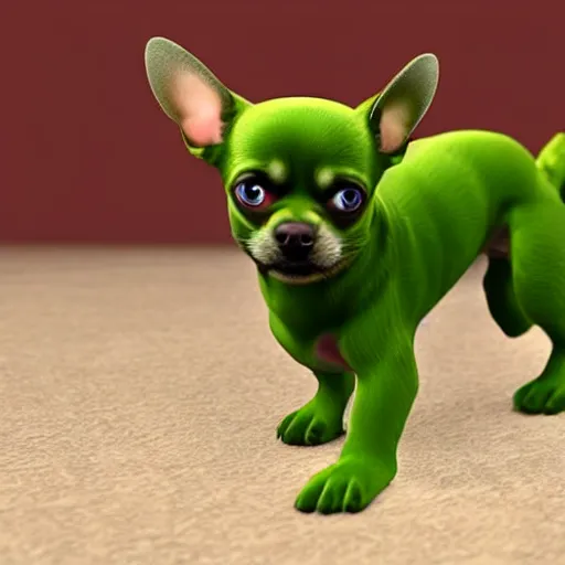 Image similar to the incredible hulk as a chihuahua in the style of a realistic 3D render, action shot