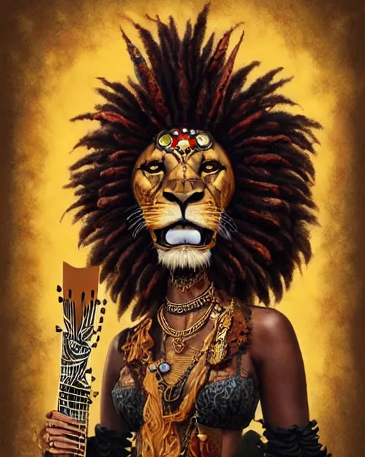 Prompt: lion headed voodoo priestess with steampunk guitar and dank spliff. smug boss face. wild eyes. noble bearing. award winning ornate symmetry matte portrait, artgerm, rhads watercolor, fierce sweet sad and lyrical