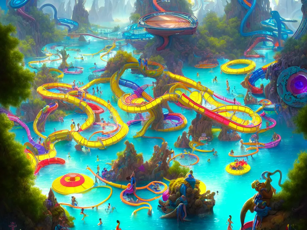 Image similar to a huge complex brightly colored water park scene, tall winding slides, wave pool, fantasy art, 8 k resolution matte fantasy painting, cinematic lighting, deviantart, artstation, jason felix steve argyle tyler jacobson peter mohrbacher