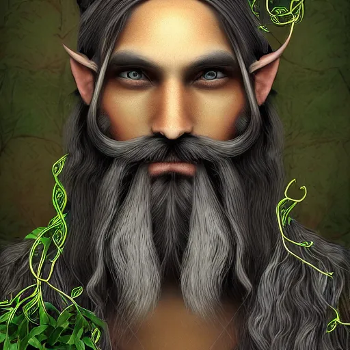 Prompt: bearded male dark elf druid gray skin with vines as hair detailed fantasy digital art