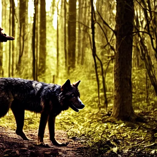 Prompt: werecreature consisting of a wolf and a human, golden hour, photograph captured in a forest