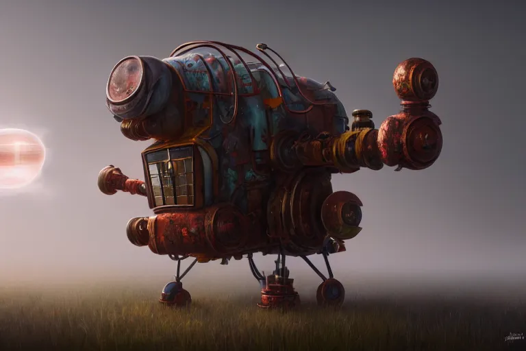 Image similar to a walking magic house with two mechanical legs, rust, hyperrealistic, highly detailed, cinematic, single ray of sun, fog, beautiful, cgssociety, artstation, 8 k, oil painting