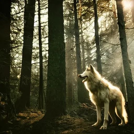 Image similar to werecreature consisting of a wolf and a human, golden hour, photograph captured in a forest