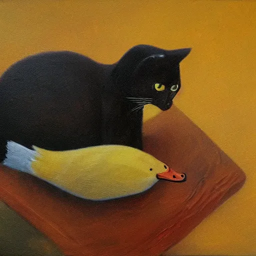 Image similar to cat riding a duck, detailed oil painting