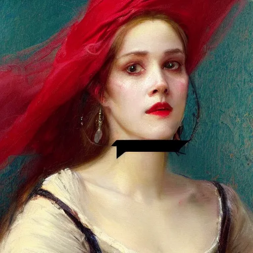 Image similar to Solomon Joseph Solomon and Richard Schmid and Jeremy Lipking victorian genre painting portrait painting of a happy young beautiful woman sorcerous traditional german french actress model pirate wench in fantasy costume, red background