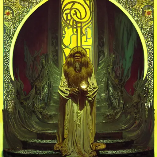 Prompt: king in yellow, lovecraftian, highly detailed painting by ilya kuvshinov, alphonse mucha, gaston bussiere, craig mullins, j. c. leyendecker