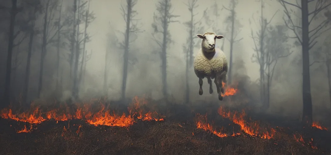 Prompt: full body portrait of sheep running from a forest fire, smoke, flames, dark, gloomy, horror, screaming, insanely detailed, photorealistic, cinematic, dramatic lighting,