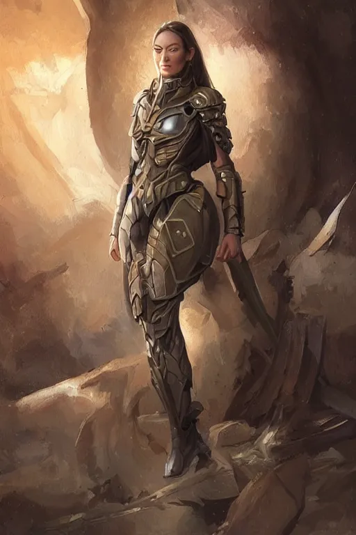 Image similar to a professional painting of a young Olivia Wilde, clothes in military armor, olive skin, long dark hair, beautiful bone structure, symmetrical facial features, intricate, elegant, digital painting, concept art, smooth, sharp focus, illustration, from StarCraft by Ruan Jia and Mandy Jurgens and Artgerm and William-Adolphe Bouguerea