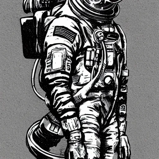 Prompt: a four-armed cyberpunk Astronaut, in the style of Ashley Wood and Moebius