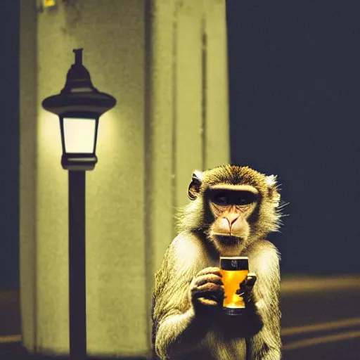 Prompt: A high-quality photo of a monkey drinking beer under a street lamp, with a police call box in the background, rainy night, bokeh, high resolution, photorealistic