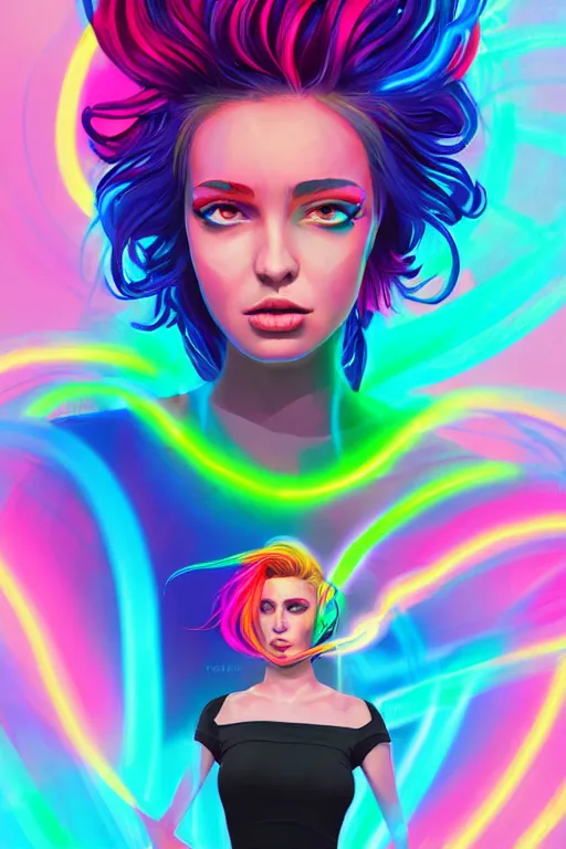 Image similar to a award winning portrait of a beautiful woman with stunning eyes in a one off shoulder croptop and cargo pants with rainbow colored hair, outlined by whirling illuminated neon lines and fine lines swirling in circles by rhads, digital art, trending on artstation