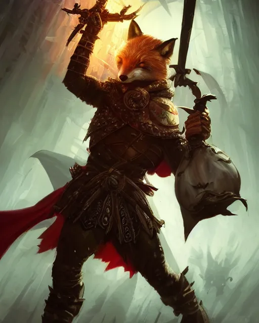 Image similar to Fox Warrior holding small bag, evil smile, medium shot, D&D, artstation, fantasy, magic the gathering artwork, cinematic lighting, centered, symmetrical, highly detailed, digital painting, , concept art, smooth, sharp focus, illustration, volumetric lighting, epic Composition, 8k, art by Akihiko Yoshida and Greg Rutkowski and Craig Mullins, oil painting, cgsociety