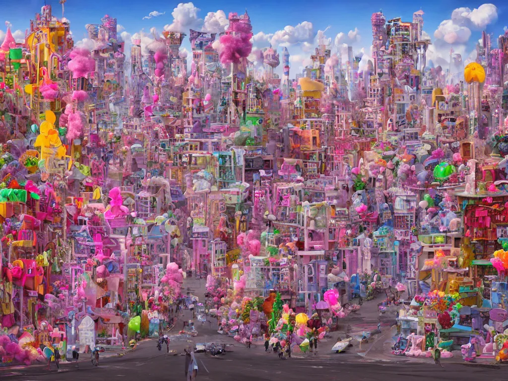 Prompt: an urban landscape where the buildings are made of candies, cotton candy, marshmallow and sweets, david lachapelle, alice in wonderland, trending on artstation,