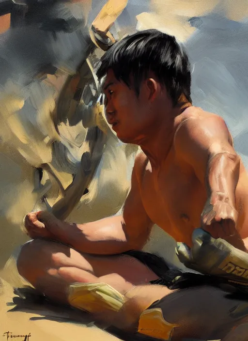 Image similar to greg manchess side portrait of a filipino mma fighter sitting on a tank, organic painting, sunny day, matte painting, bold shapes, hard edges, street art, trending on artstation, by huang guangjian, gil elvgren, ruan jia, randy vargas, greg rutkowski