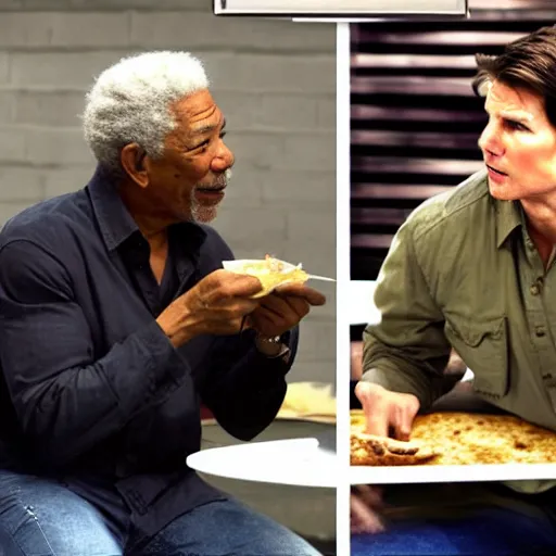 Prompt: tom cruise and morgan freeman eating a burrito in jail, hyper realistic, photo, photo studio, news paper, hyper detailed, smooth,