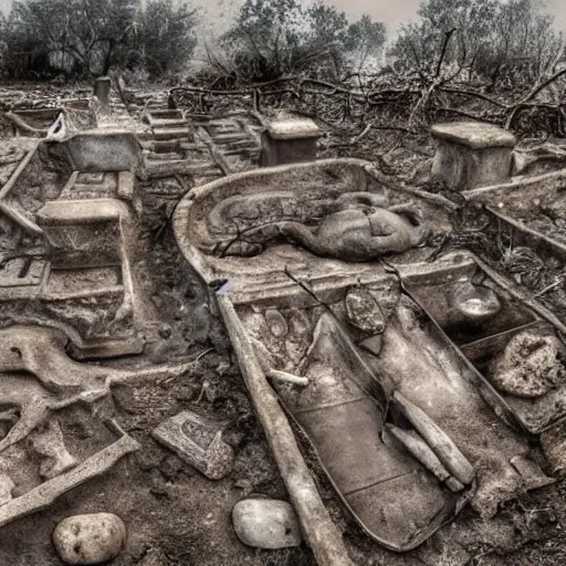 Image similar to archaeological artifact. photograph. watercolor painting. death and decay. cemetery; exposed bones. elephant graveyard; cartilage. ancient burial ground.