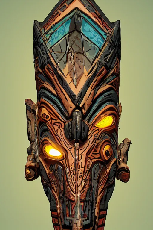 Image similar to totem tribal vodoo mask feather gemstone global illumination ray tracing hdr that looks like it is from borderlands and by feng zhu and loish and laurie greasley, victo ngai, andreas rocha, john harris