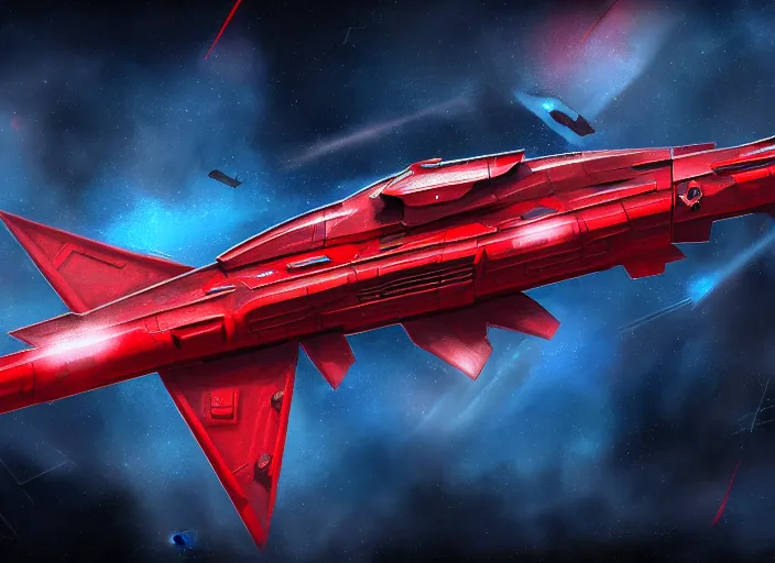 Prompt: digital painting of a republic hammerhead class cruiser with a red! banner! showing a black! warhammer!, space void background, concept art, higly detailed