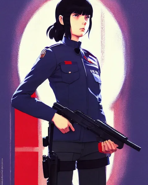 Image similar to girl wearing uniform, holding gun | | audrey plaza, fine detail!! anime!! realistic shaded lighting!! dramatic!! poster by ilya kuvshinov katsuhiro otomo ghost - in - the - shell, magali villeneuve, artgerm, jeremy lipkin and michael garmash and rob rey