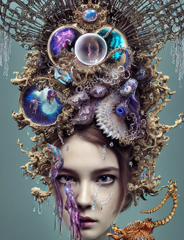 Image similar to baroque bedazzled gothic royalty frames surrounding a goddess macro close - up portrait wigh crown made of ram skull. betta fish, jellyfish phoenix, bioluminiscent, plasma, ice, water, wind, creature, super intricate ornaments artwork by tooth wu and wlop and beeple and greg rutkowski